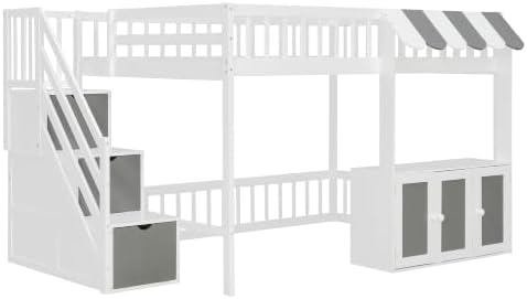 LUMISOL Full Size Loft Bed with Storage Steps and Under Bed Cabinets, Playhouse Loft Bed Frame with LED Light, White+Gray