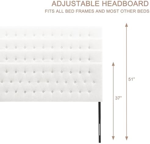 Tufted Upholstered Headboard King Size, Adjustable Height 37- 51 in, White