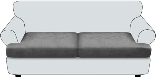 T Cushion Sofa Slipcovers Leather-Look 2PC Stretch Sofa Cushion Covers for 2 Cushion Couch Individually Couch Seat Cover with Elastic Bands, Pet-Friendly, Non-Slip, Easy Fit - Grey