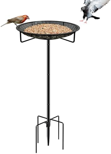 Standing Bird Feeder Tray,11.8" Stainless Steel Large Platform Bird Feeder Mesh Seed Tray with Adjustable Heavy Duty Stand Birds Feeder Pole for Outside Wild Birds in Garden Backyard