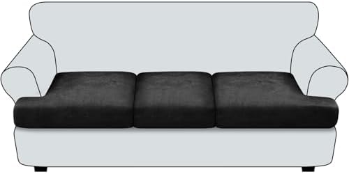 T Cushion Sofa Slipcovers Leather-Look 3PC Stretch Sofa Cushion Covers for 3 Cushion Couch Individually Couch Seat Covers with Elastic Bands, Pet-Friendly, Non-Slip, Easy Fit - Black