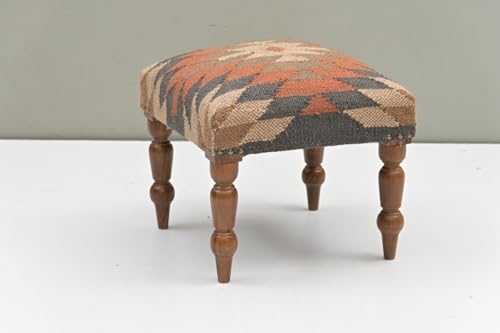 Handmade Jute Upholstered Ottoman Stool | Square Foot Rest with Wooden Legs | Decorative Accent Seating for Bedroom, Living Room, Entryway, Vanity & Hallway (Grey-Red)