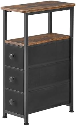 DALEMHOME End Table, Narrow Side Table with 3 Fabric Drawers, Slim Nightstand, Small Bedside Table with Storage, Living Room, Bedroom, Rustic Brown HKET1300BR