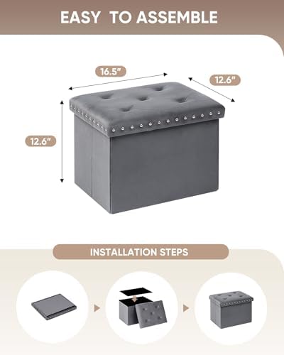 B FSOBEIIALEO Storage Ottoman Cube, 16.5" Velvet Folding Ottoman, Grey