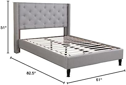Full Upholstered Platform Bed Frame with 51" Tall Headboard - Button Tufted Cloth Bed - Wood Slat Support with Storage Space - No Box Spring Needed - Easy Assembly - Grey - Oliver & Smith - Astor