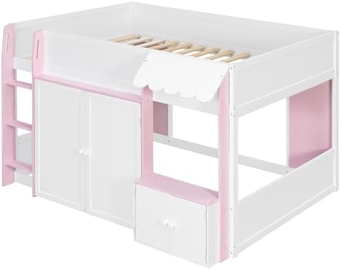 Bellemave Full Size Low loft Bed for Kids,Wood Modern Farmhouse Full Loft Bed with Storage Cabinets, No Box Spring Needed, White+Pink