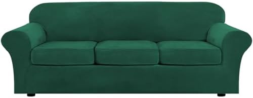 H.VERSAILTEX Modern Velvet Plush 4 Piece High Stretch Sofa Slipcover Furniture Protector Form Fit Velvet Extra Large Sofa Cover for 3 Cushion Couch Width Up to 105 Inch(XL Sofa, Vintage Green)