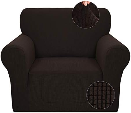 JIVINER Super Stretch Chair Slipcovers with Arms 1-Piece Jacquard Small Checks Living Room Armchair Covers Soft Anti Slip Sofa Couch Furniture Protector for Kids Pets (Chair, Dark Coffee)