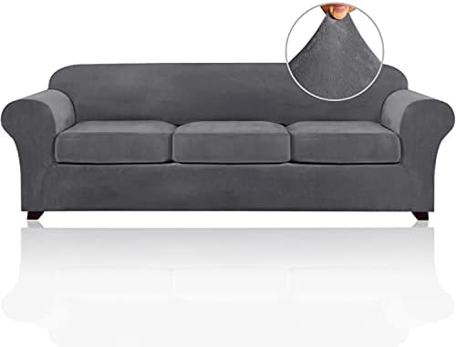 PrinceDeco Velvet XL Couch Cover for Oversized Sofa 4 Piece Sofa Covers for 3 Cushion Couch Washable Furniture Protector with Non Slip Elastic Bottom Width Up to 105 Inch(X-Large, Grey)