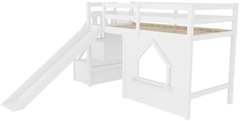 Bellemave Twin Low loft/bunk Bed with Slide and Storage Staircase LED for Kids,Wood Loft Beds,White