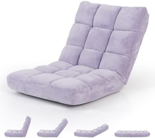 S AFSTAR Cushioned Floor Chair, 14-Position Adjustable Padded Lazy Recliner with Comfortable Back Support and Skin-Friendly Cover, Great for Reading, Playing Game, Meditating (Light Purple)