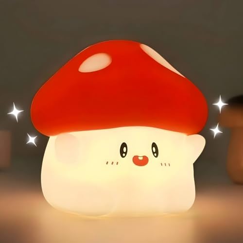 Mushroom Night Light for Kids, Cute Squishy Silicone Mushroom Lamp, 50-Hour Rechargeable Bedside Nursery Light with Tap Control, 30-Min Auto-Off Timer, Kawaii Room Decor Gift for Girls