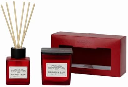 French Connection Square Range Scented Candle & Reed Diffuser Gift Set | 220g Shea Butter Wax Candle & 100ml Diffuser | Glass Jar Design | 37-Hour Burn Time | Gift Box (Ruby Cherry & Merlot)