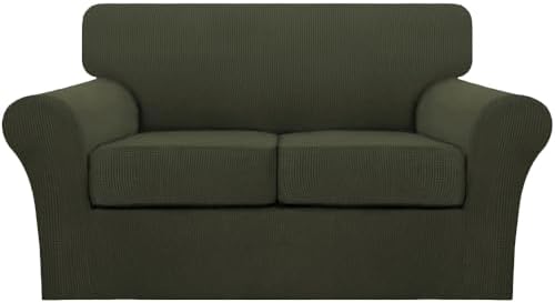 Turquoize 3 Piece Sofa Covers for 2 Cushion Couch Sofa Slipcover Soft Couch Cover for Dogs-Washable Sofa Furniture Cover with 2 Individual Cushion Covers, Thick Jacquard Fabric (Loveseat, Olive)