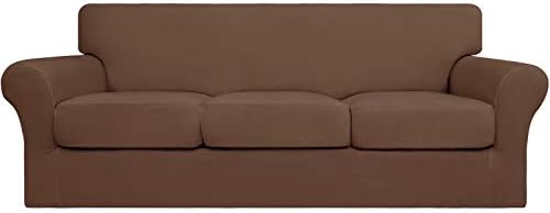 Easy-Going 4 Pieces Stretch Soft Couch Cover for Dogs - Washable Sofa Slipcover for 3 Separate Cushion Couch - Elastic Furniture Protector for Pets, Kids (Sofa, Brown, Large)