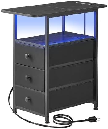 DALEMHOME Narrow End Table with Charging Station, Narrow Side Table with 3 Fabric Drawers, Slim Nightstand with LED Light, Small Bedside Table with Storage, Living Room, Bedroom, Black HKET1303BK
