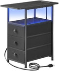 DALEMHOME Narrow End Table with Charging Station, Narrow Side Table with 3 Fabric Drawers, Slim Nightstand with LED Light, Small Bedside Table with Storage, Living Room, Bedroom, Black HKET1303BK