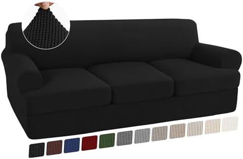 Turquoize 4 Piece T Cushion Sofa Slipcovers Stretch Couch Cover Furniture Covers with 3 Individual T Cushion Covers, Machine Washable (3 Cushion Sofa, Black)