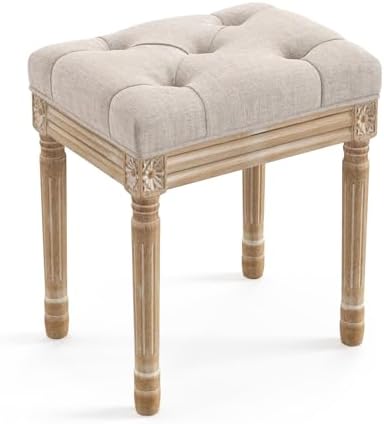 LUE BONA Upholstered Fabric Vanity Bench Seat, Makeup Stools for Vanity, Square Tufted Ottoman Bench with Carved Wood Color Legs for Bedroom Living Room, Linen Color