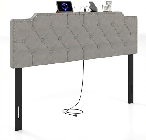 GIANTEX Headboard with Charging Station, Queen/Full Size Rivet Tufted Upholstered Head Board w/2 AC Outlets, USB & Type-C Ports, Rubber Wood Legs, Width Adjustable Modern Bed Headboard Only (Grey)