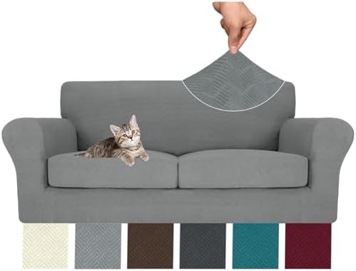 MAXIJIN 3 Piece Couch Covers for 2 Cushion Couch Sofa Cover, Stretch Loveseat Sofa Slipcovers for Sofas with 2 Large Cushions, Thick Dogs Pet Furniture Covers (71"-91", Light Gray)