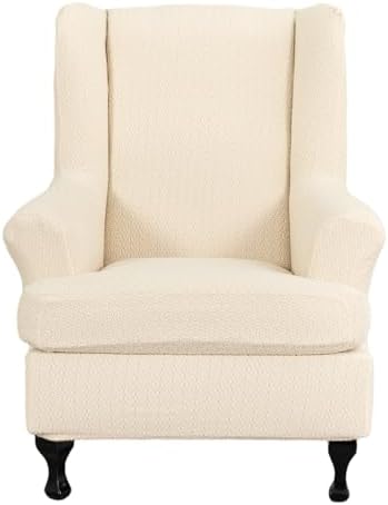 NILUOH Stretch Wingback Chair Slipcover 2-Piece Wing Chair Slipcovers Sofa Cover Furniture Protector Soft with Elastic Bottom, Spandex Jacquard Fabric,Off-White