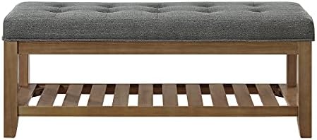 24KF Large Rectangular Upholstered Tufted Linen Fabric Ottoman Bench, Padded Bench with Solid Wood Shelf-Granite
