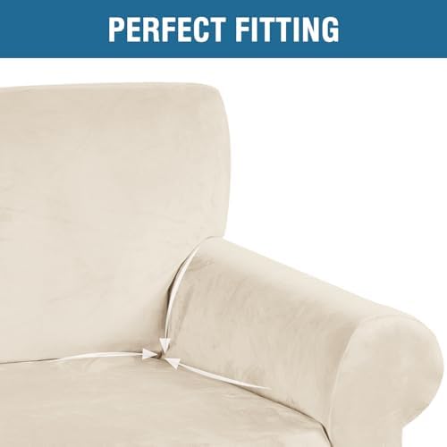 H.VERSAILTEX Stretch Velvet Sofa Covers for 3 Cushion Couch Covers Furniture Protector Soft with Non Slip Elastic Bottom, Crafted from Thick Comfy Rich Velour (Sofa 72"-90", Butter Cream)
