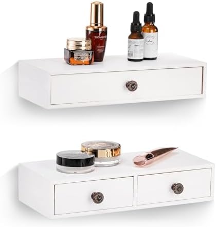 Yesland 2 Packs Space-Saving Floating Nightstand with Drawer - Perfect for Small Spaces - Supports 11 lbs - Compact Wall Mount Rustic Wood Floating Drawers - White
