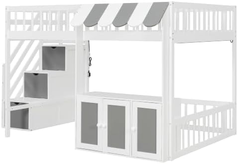 LUMISOL Full Size Loft Bed with Storage Steps and Under Bed Cabinets, Playhouse Loft Bed Frame with LED Light, White+Gray