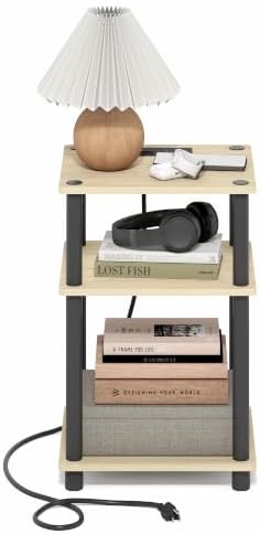 Furinno Just 3-Tier Night Stand with Charging Station, Natural Oak