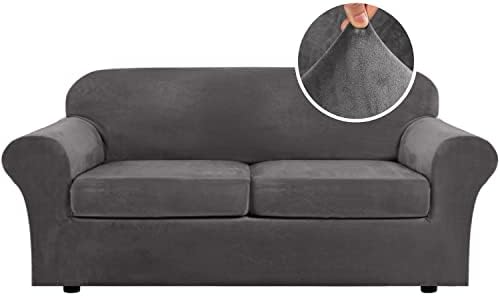 H.VERSAILTEX Real Velvet Plush 3 Piece Stretch Sofa Covers Couch Covers for 2 Cushion Couch Sofa Slipcovers Width Up to 90 Inch Feature Thick Soft Stay in Place (Large Sofa, Grey)