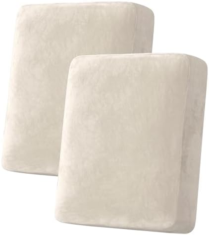 H.VERSAILTEX Velvet Stretch Couch Cushion Cover Plush Cushion Slipcover for Chair Loveseat Sofa Cushion Furniture Protector Seat Cushion Sofa Cover (2 Piece Medium Sofa Cushion Covers, Ivory)
