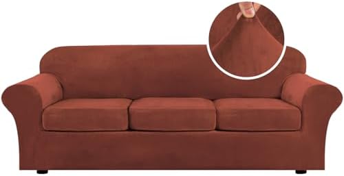 H.VERSAILTEX Modern Velvet Plush 4 Piece High Stretch Sofa Slipcover Cover Furniture Protector Form Fit Luxury Thick Velvet Extra Large Sofa Cover for 3 Cushion Couch (XL Sofa, Rust)