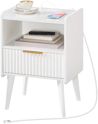 MAHANCRIS White Nightstand with Charging Station, Modern Fluted End Table