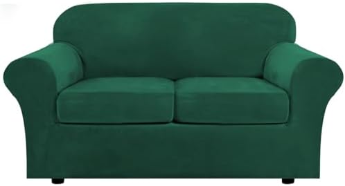 H.VERSAILTEX Real Velvet Plush 3 Piece Stretch Sofa Covers Couch Covers for 2 Cushion Couch Loveseat Covers Width Up to 72 Inch Feature Thick Soft Stay in Place (Medium Sofa, Vintage Green)