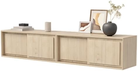 Floating TV Stand Set of 2, 30" Multi-Purpose Modern TV Display Shelf Console Entertainment Center Cabinet with Sliding Doors for Bedroom Living Room Entryway, Light Oak
