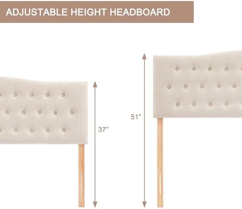 Tufted Headboard Full Size, Solid Wood Adjustable Height Head Board, Beige