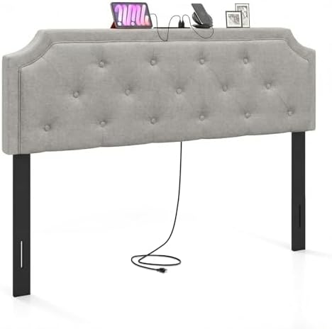 GIANTEX Headboard with Charging Station, Queen/Full Size Diamond Tufted Upholstered Head Board w/2 AC Outlets, USB & Type-C Ports, Rubber Wood Legs, Width Adjustable Modern Bed Headboard Only (Grey)
