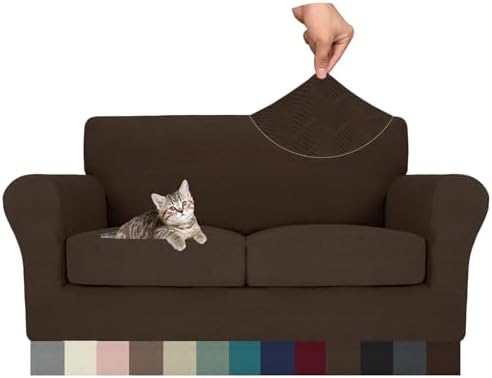 MAXIJIN 3 Piece Couch Covers for 2 Cushion Couch loveseat Cover, Stretch Love Seat Sofa Slipcovers for Dogs Pet, Thick Furniture Protector with 2 Seat Cushion (55"-69", Coffee)