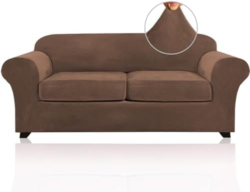PrinceDeco Couch Cover Velvet Plush Sofa Covers for 2 Cushion Couch Width Up to 90 Inch Washable Furniture Protector Pet Friendly No Slip Sofa Slipcover(Medium-Large, Caramel)