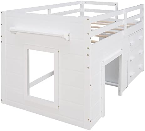 Bellemave Twin Size Low loft Bed for Kids,Wood Modern Farmhouse Twin Loft Bed with and Drawer Storage, No Box Spring Needed, White