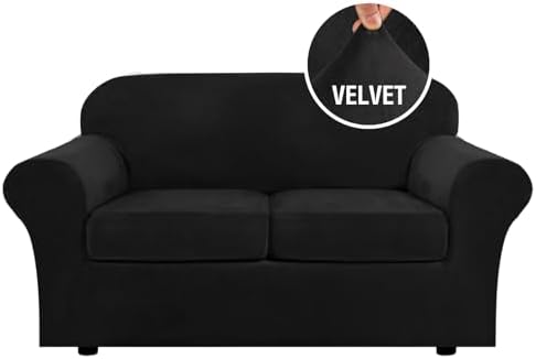 H.VERSAILTEX Real Velvet Plush 3 Piece Stretch Sofa Covers Couch Covers for 2 Cushion Couch Loveseat Covers Width Up to 72 Inch Feature Thick Soft Stay in Place (Medium Sofa, Black)