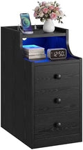 LIKIMIO Narrow Nightstand with Charging Station and LED Lights, Modern Night Stand, End Table with 3 Drawers, Open Shelf, Side Table for Living Room/Bedroom, Black