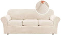 H.VERSAILTEX Modern Velvet Plush 4 Piece High Stretch Sofa Slipcover Sofa Cover Furniture Protector Form Fit Thick Velvet Sofa Cover for 3 Cushion Couch Width Up to 90 Inch (Sofa, Butter Cream)