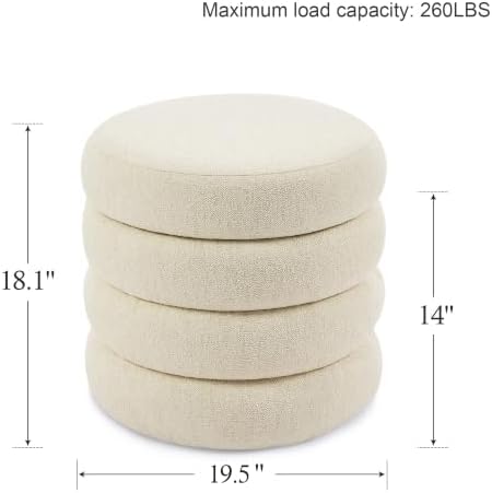 Compact Round Linen Ottoman with Storage, Small Tufted Vanity Stool for Dorm, Modern Storage Ottoman with Removable Lid for Entryway and Lounge, Beige