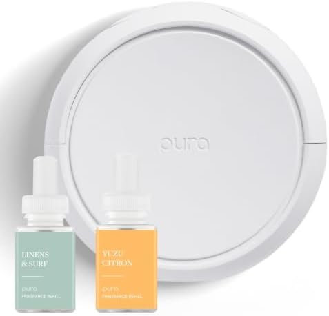 Pura Home Fragrance Device Starter Set 4 - Scent Diffuser for Home - Includes Fragrance Aroma Diffuser - Square Box, Linens & Surf and Yuzu Citron Scent Refills