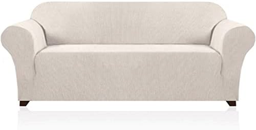 PrinceDeco Stretch Sofa Cover Slipcover Couch Covers for 3 Cushion Couch Furniture Protector Sofa Covers with Non Slip Elastic Bottom Dogs Pet Friendly Fitted (Sofa, Ivory)