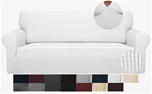 JIVINER High Stretch Couch Covers for 3 Cushion Couch 1-Piece Jacquard Elastic Sofa Slipcovers Anti Slip Sofa Cover with Elastic Bottom Furniture Protector for Kids Pets (Sofa, White)