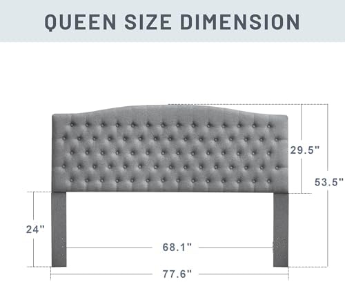 Tufted Tall King Size Headboard, Linen Button Diamond Headboards, Gray